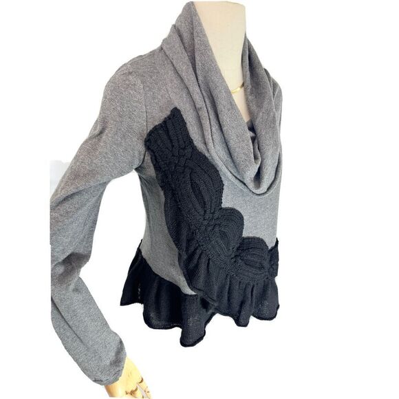 Anthropologie Moth Large Switching Sides Sweater-Cable Knit Cowl Neck Black Gray - Picture 2 of 12